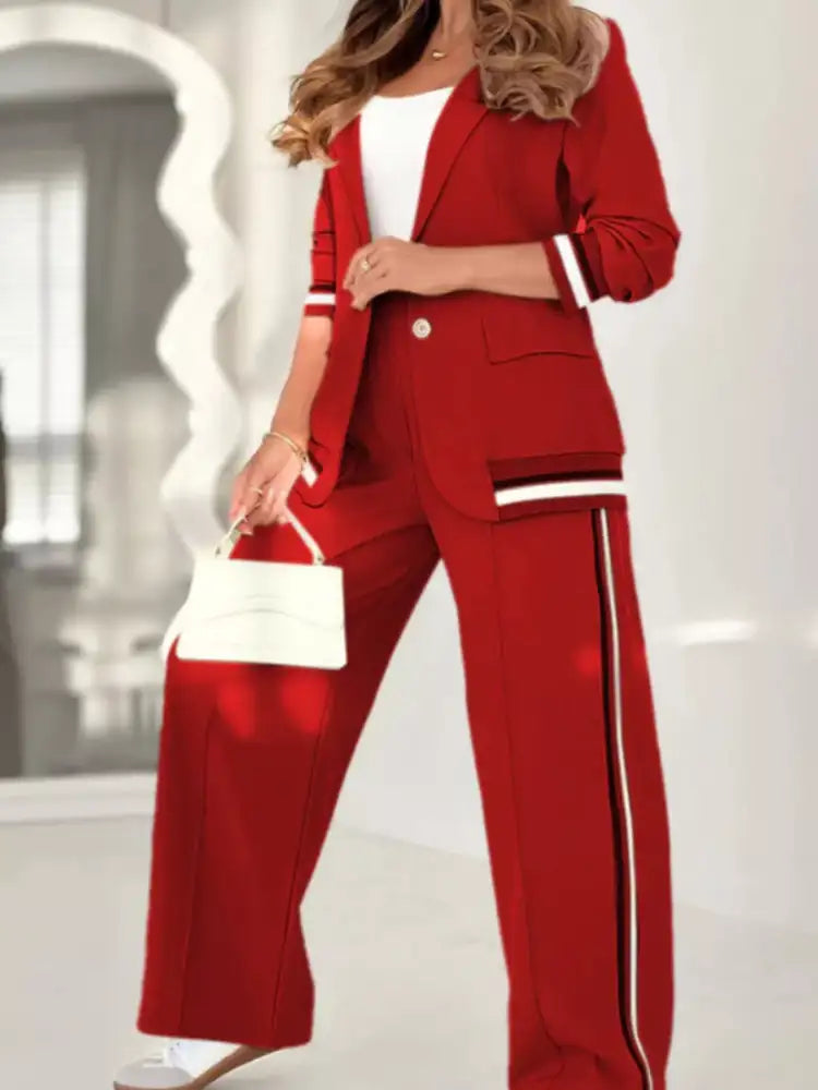 Full Size Striped Trim Button Down Jacket and Pants Set Plus