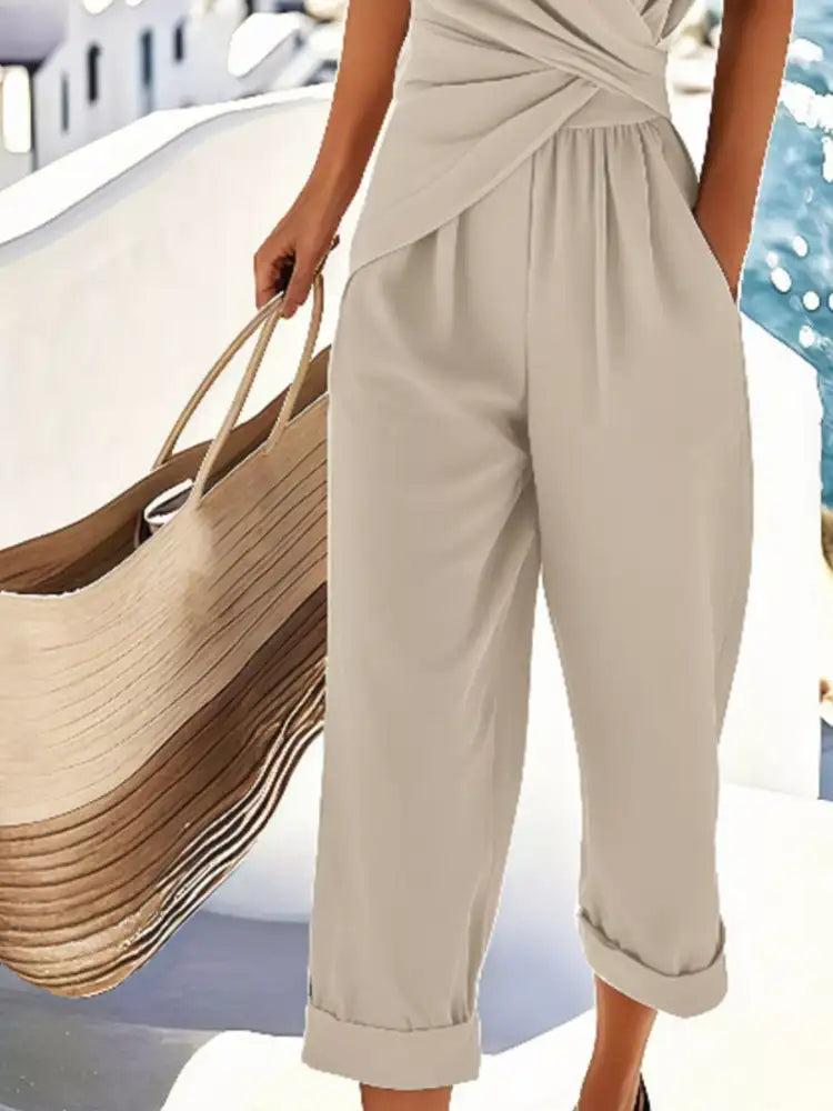 Full Size Surplice Short Sleeve Top and Pants Set Plus