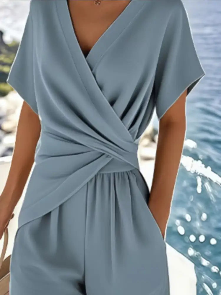 Full Size Surplice Short Sleeve Top and Pants Set Plus