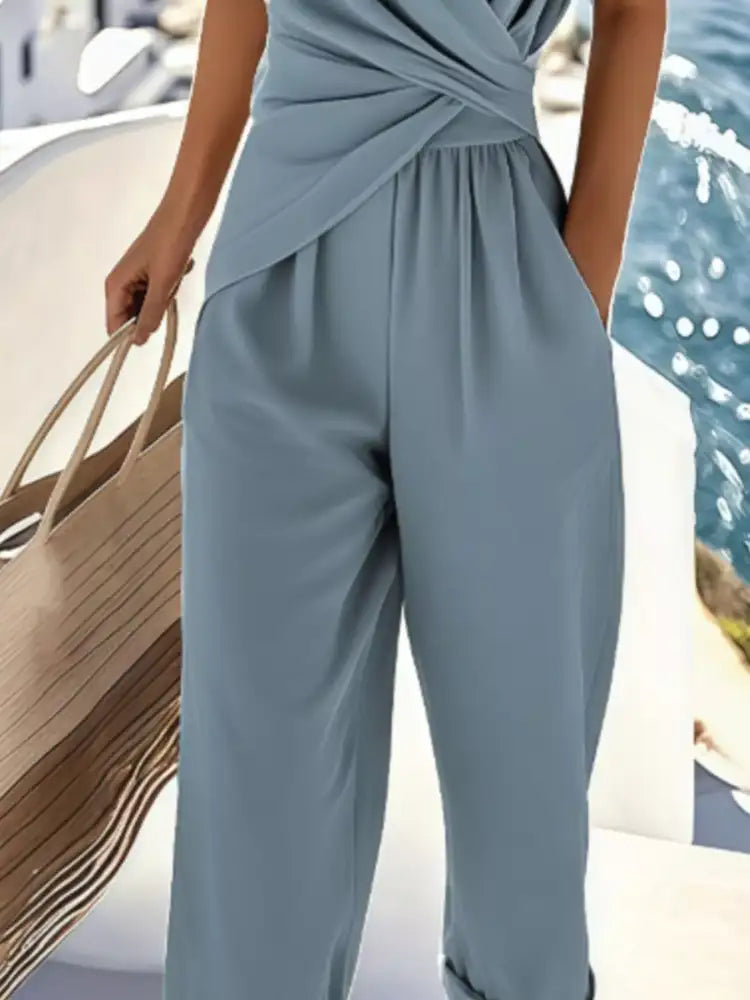 Full Size Surplice Short Sleeve Top and Pants Set Plus