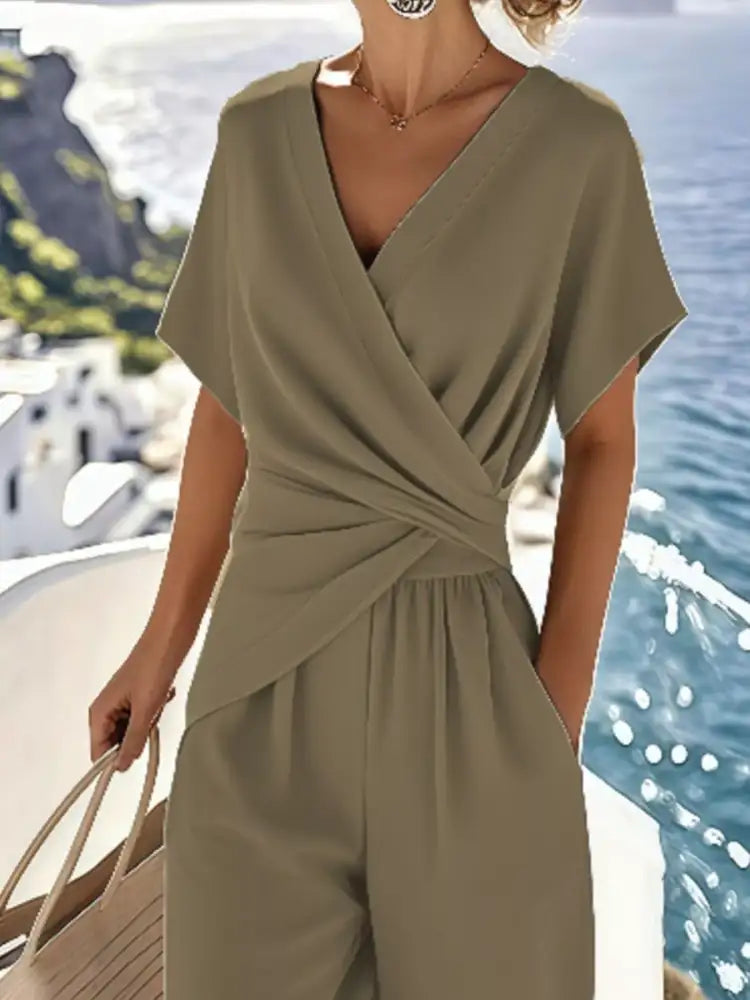 Full Size Surplice Short Sleeve Top and Pants Set Plus