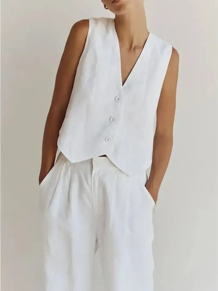 Full Size V-Neck Vest and Wide Leg Pants Set Plus