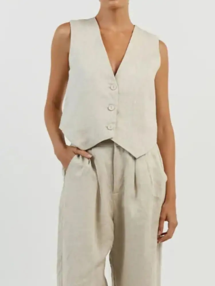 Full Size V-Neck Vest and Wide Leg Pants Set Plus