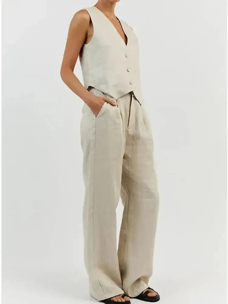 Full Size V-Neck Vest and Wide Leg Pants Set Plus