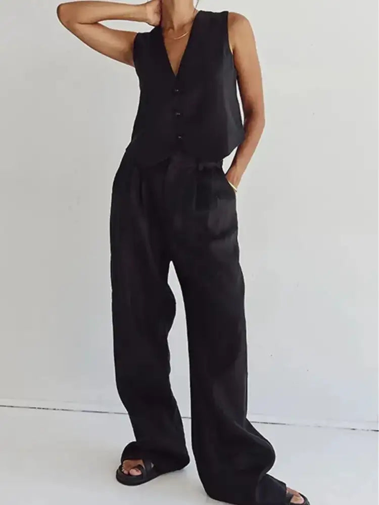 Full Size V-Neck Vest and Wide Leg Pants Set Plus