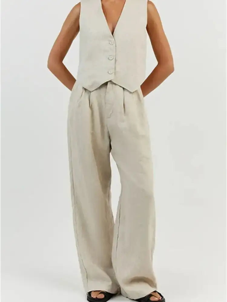 Full Size V-Neck Vest and Wide Leg Pants Set Plus