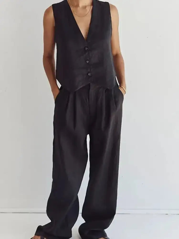 Full Size V-Neck Vest and Wide Leg Pants Set Plus
