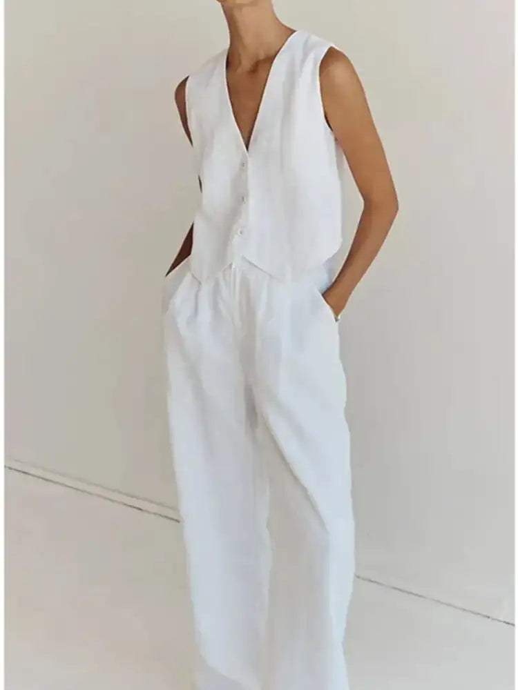 Full Size V-Neck Vest and Wide Leg Pants Set Plus