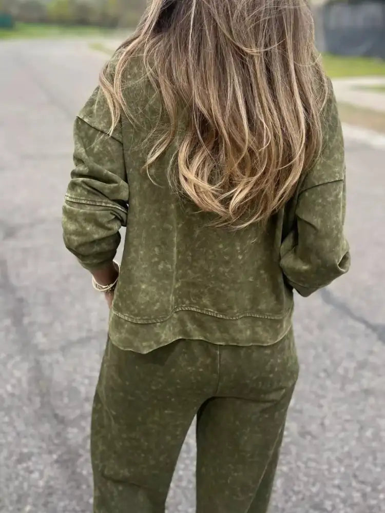 Full Size Washed Round Neck Top and Drawstring Pants Set Plus