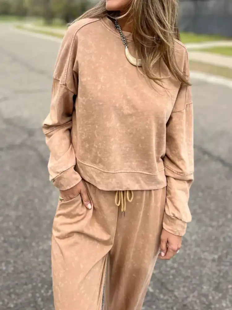 Full Size Washed Round Neck Top and Drawstring Pants Set Plus