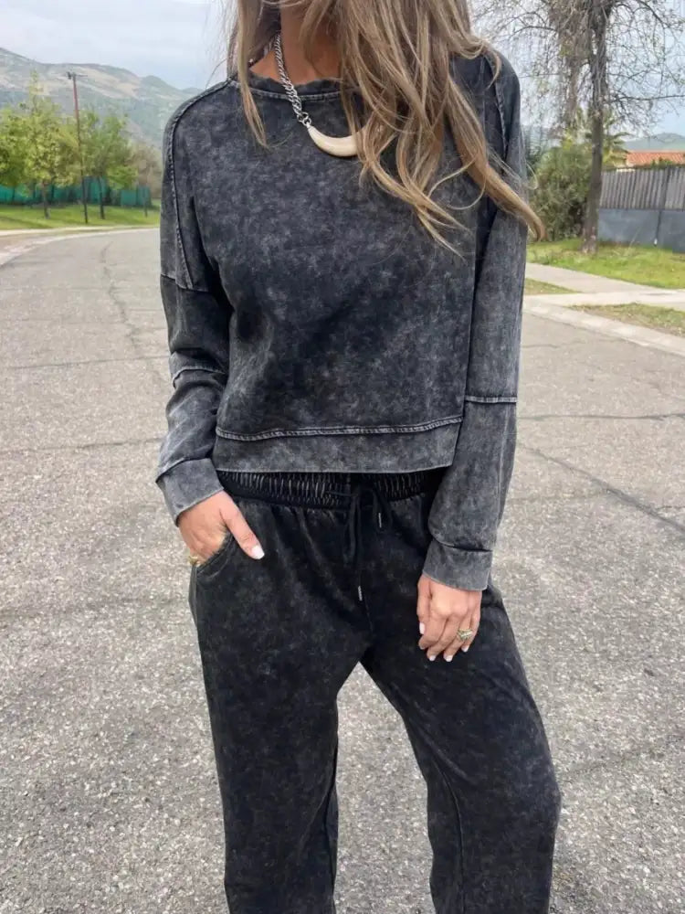 Full Size Washed Round Neck Top and Drawstring Pants Set Plus