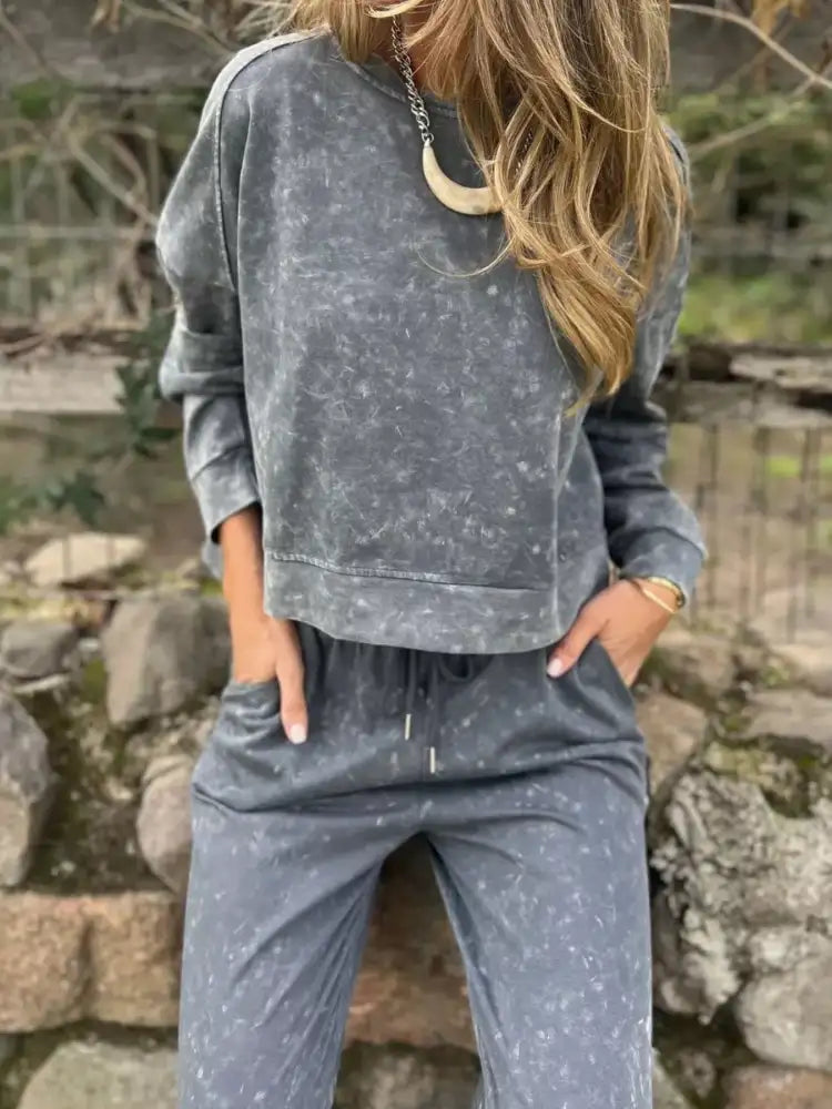 Full Size Washed Round Neck Top and Drawstring Pants Set Plus