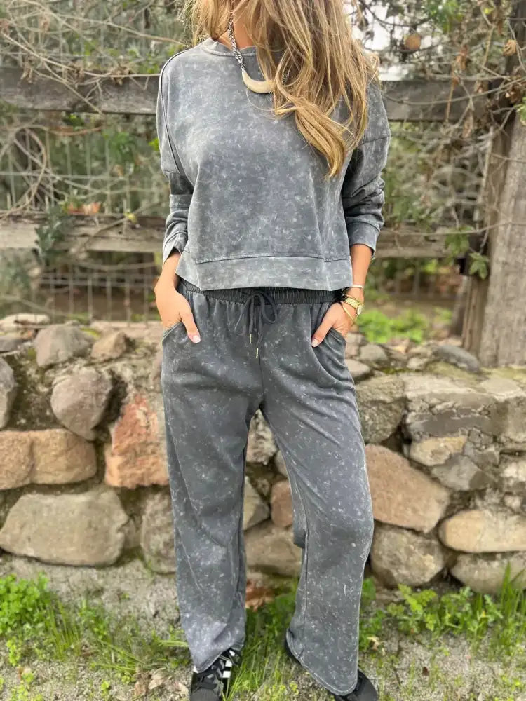 Full Size Washed Round Neck Top and Drawstring Pants Set Plus