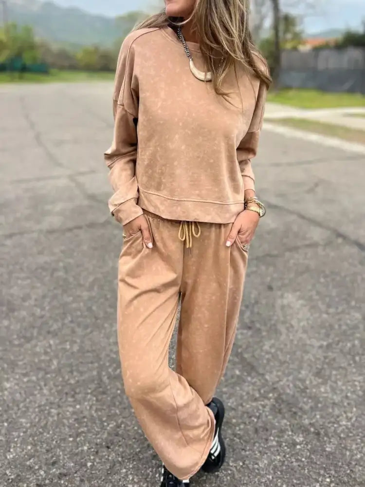 Full Size Washed Round Neck Top and Drawstring Pants Set Plus