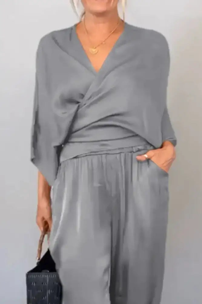 Full Size Wrap Surplice Top and Pants Set Plus