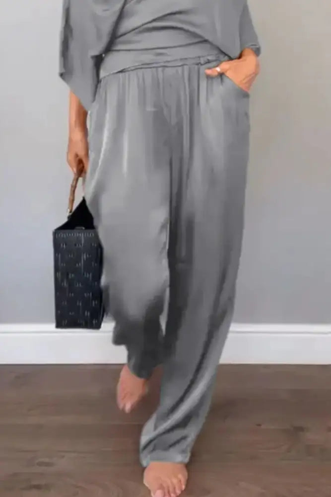 Full Size Wrap Surplice Top and Pants Set Plus