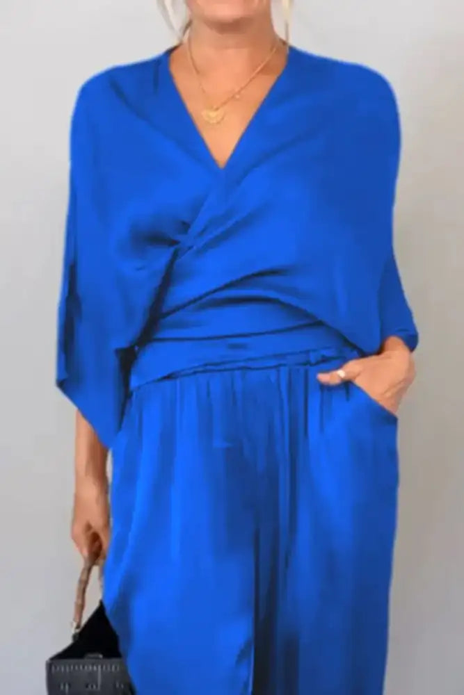 Full Size Wrap Surplice Top and Pants Set Plus