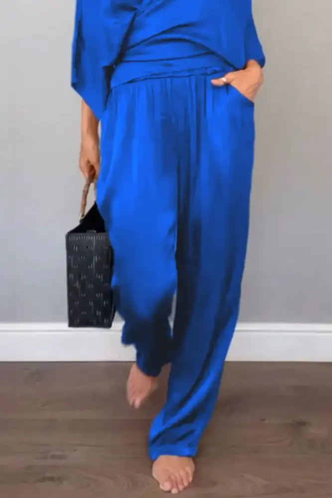 Full Size Wrap Surplice Top and Pants Set Plus