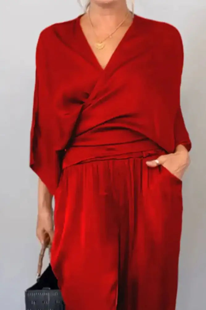 Full Size Wrap Surplice Top and Pants Set Plus