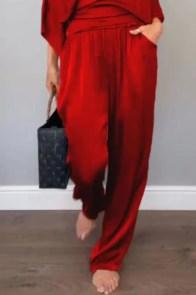 Full Size Wrap Surplice Top and Pants Set Plus