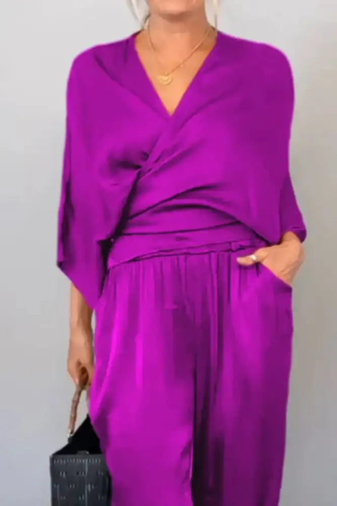 Full Size Wrap Surplice Top and Pants Set Plus
