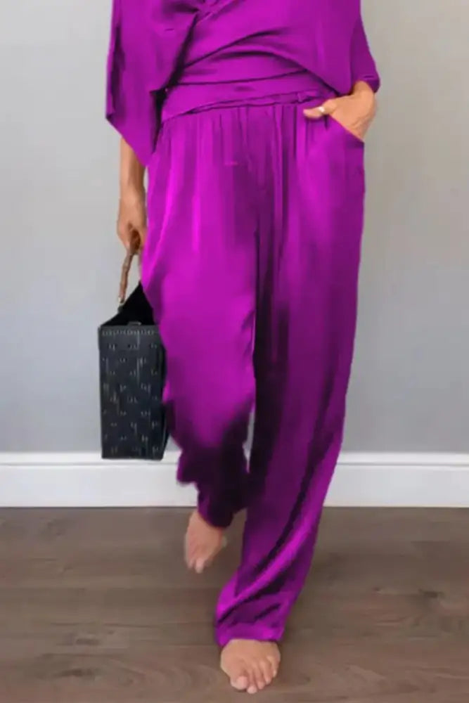 Full Size Wrap Surplice Top and Pants Set Plus