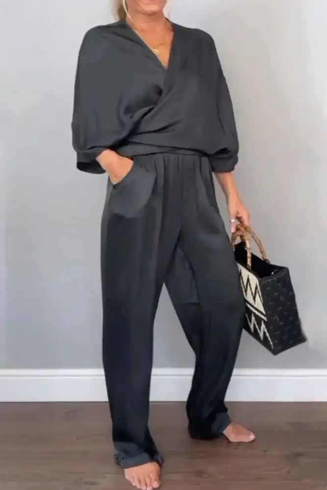 Full Size Wrap Surplice Top and Pants Set Plus