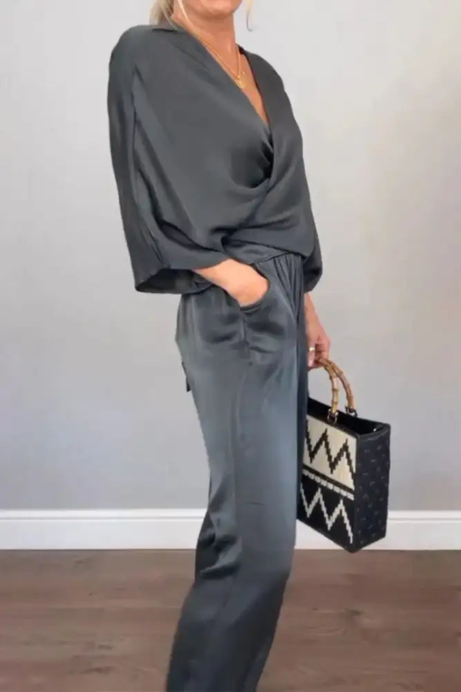 Full Size Wrap Surplice Top and Pants Set Plus