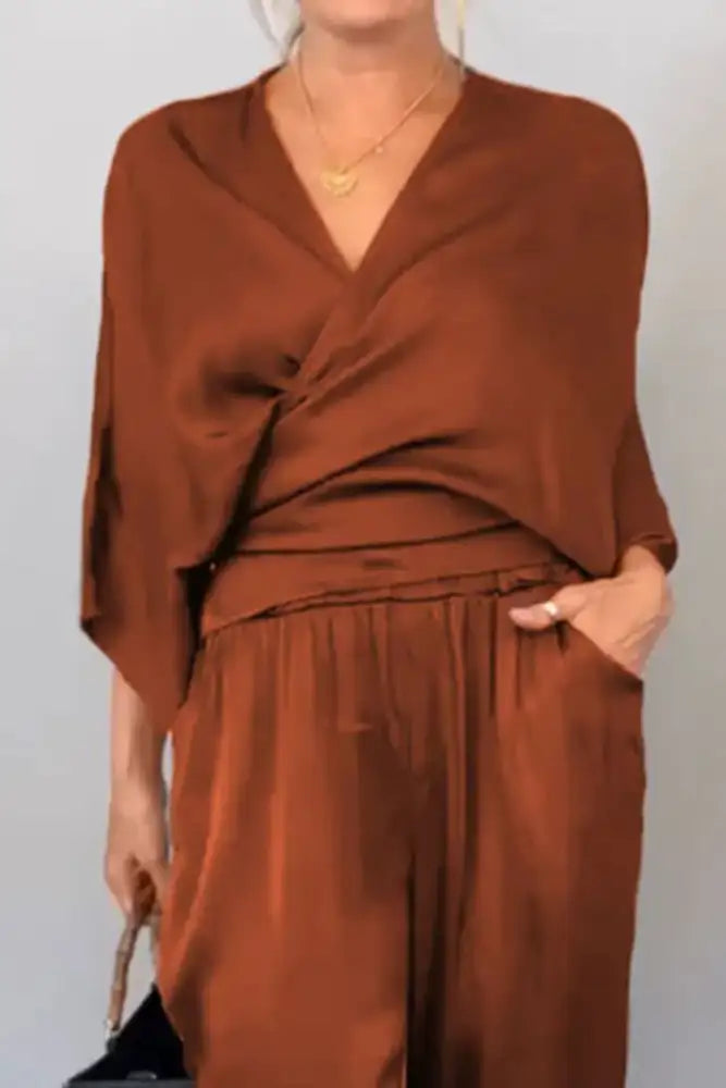 Full Size Wrap Surplice Top and Pants Set Plus