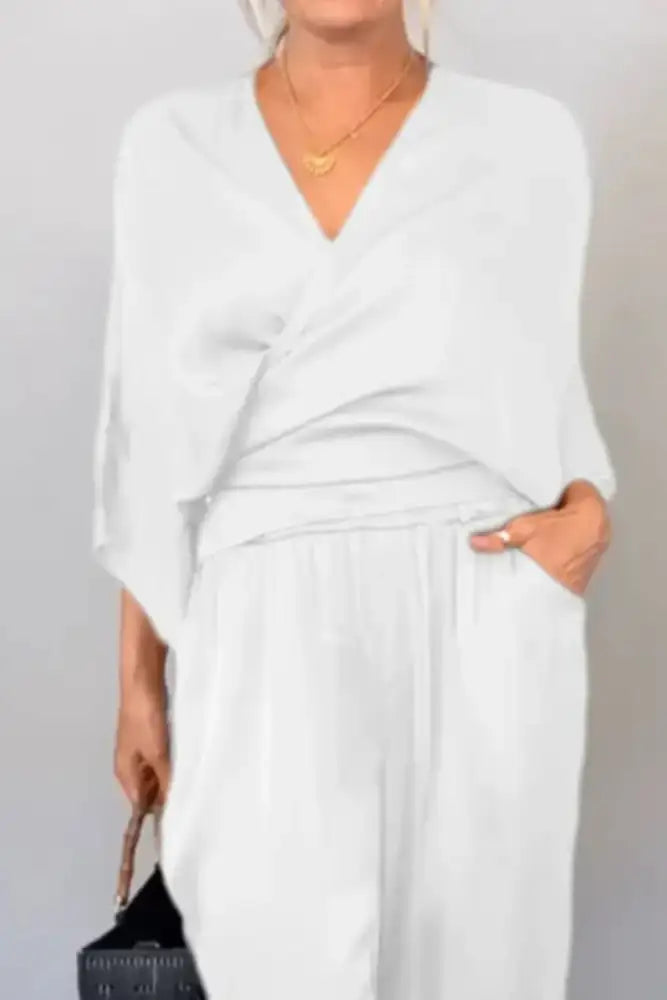 Full Size Wrap Surplice Top and Pants Set Plus