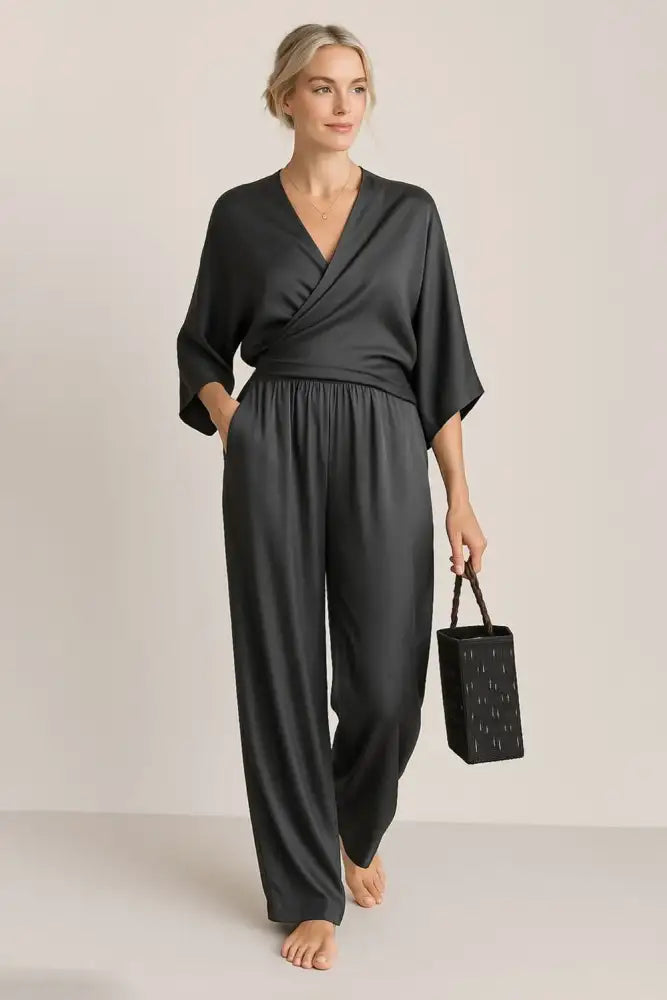 Full Size Wrap Surplice Top and Pants Set Plus