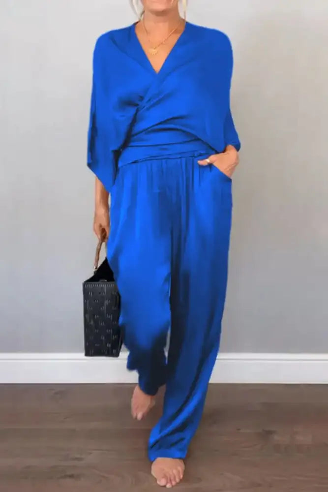 Full Size Wrap Surplice Top and Pants Set Plus
