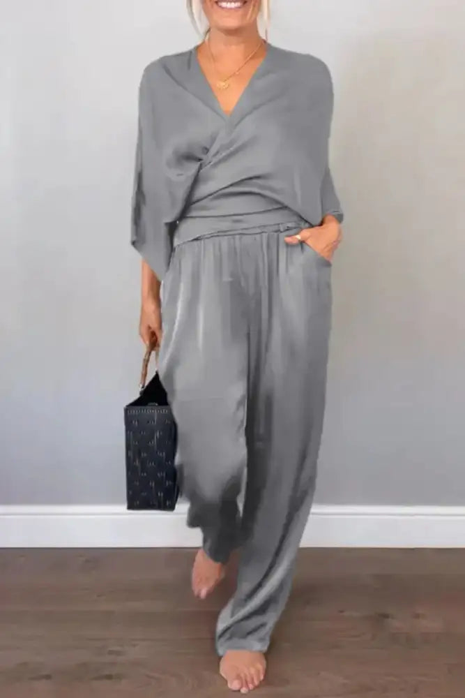 Full Size Wrap Surplice Top and Pants Set Plus