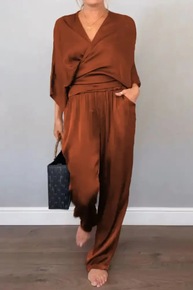 Full Size Wrap Surplice Top and Pants Set Plus