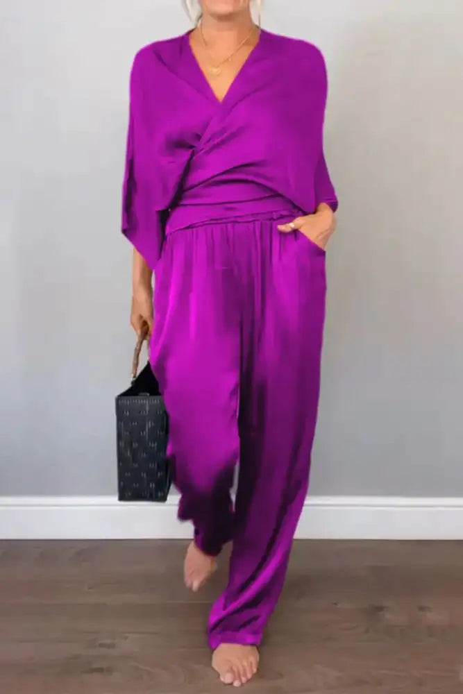 Full Size Wrap Surplice Top and Pants Set Plus