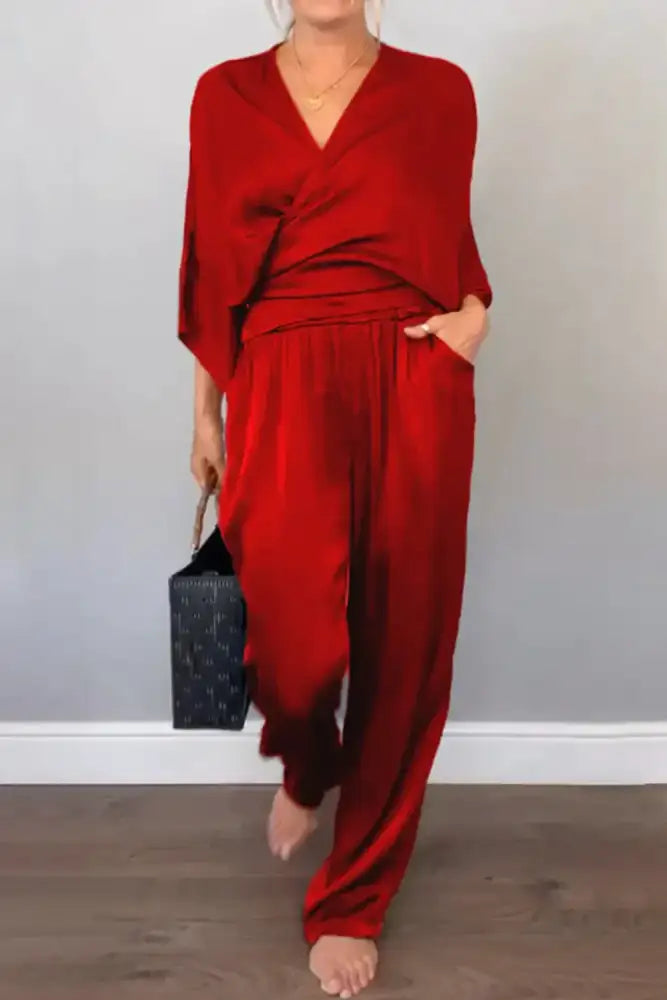 Full Size Wrap Surplice Top and Pants Set Plus