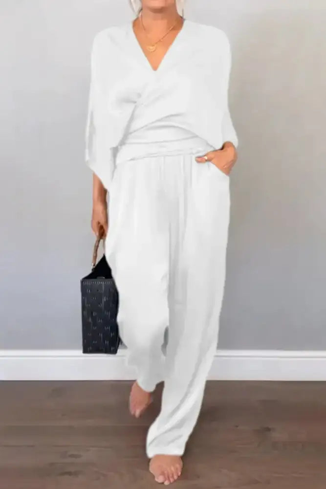 Full Size Wrap Surplice Top and Pants Set Plus