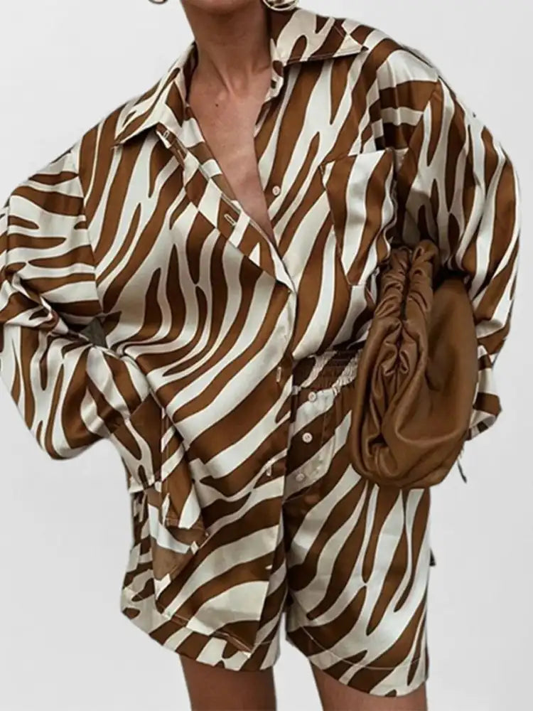 Full Size Zebra Print Shirt and Shorts Matching Set Plus