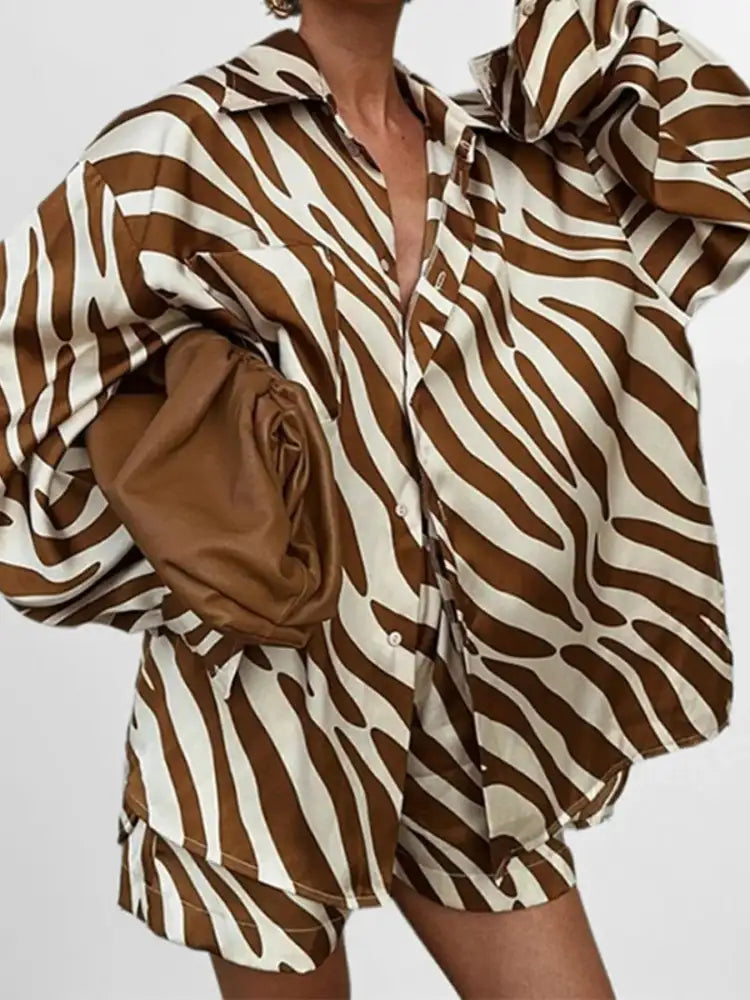 Full Size Zebra Print Shirt and Shorts Matching Set Plus