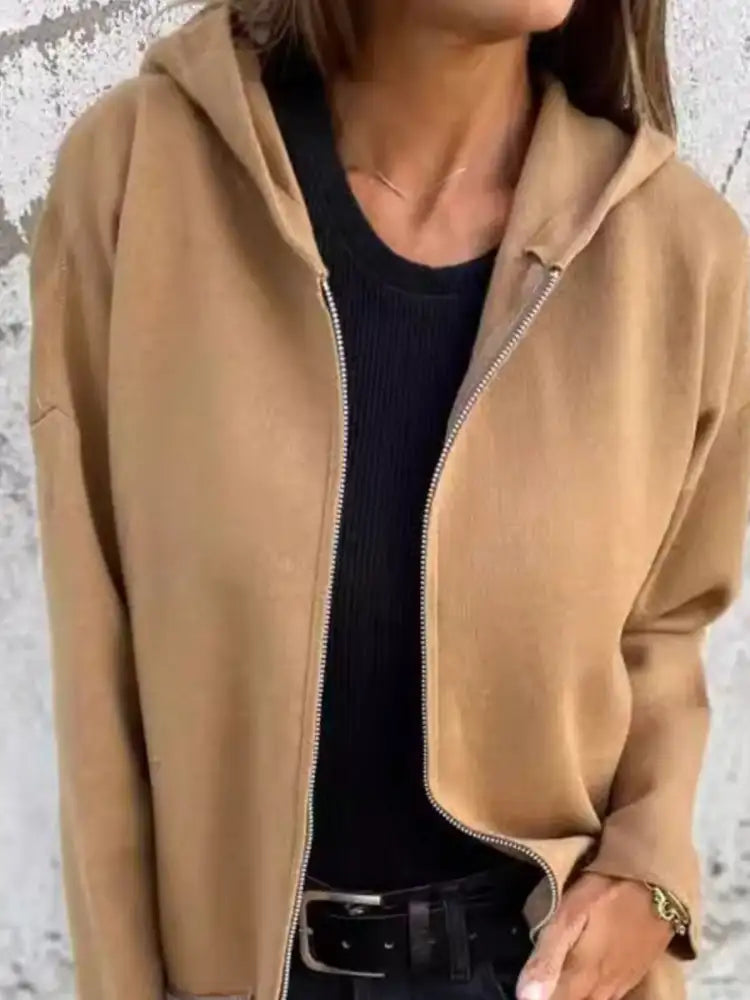 Full Size Zip Up Long Sleeve Hooded Outerwear Plus Size