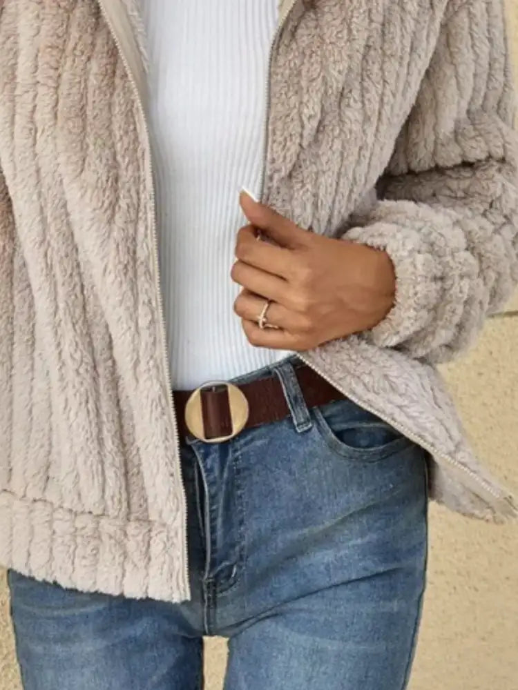 Full Size Zip-Up Long Sleeve Texture Jacket Plus Size