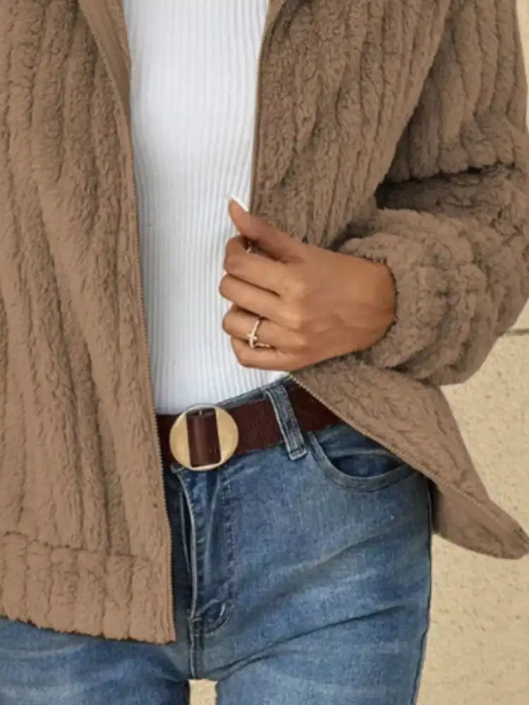 Full Size Zip-Up Long Sleeve Texture Jacket Plus Size