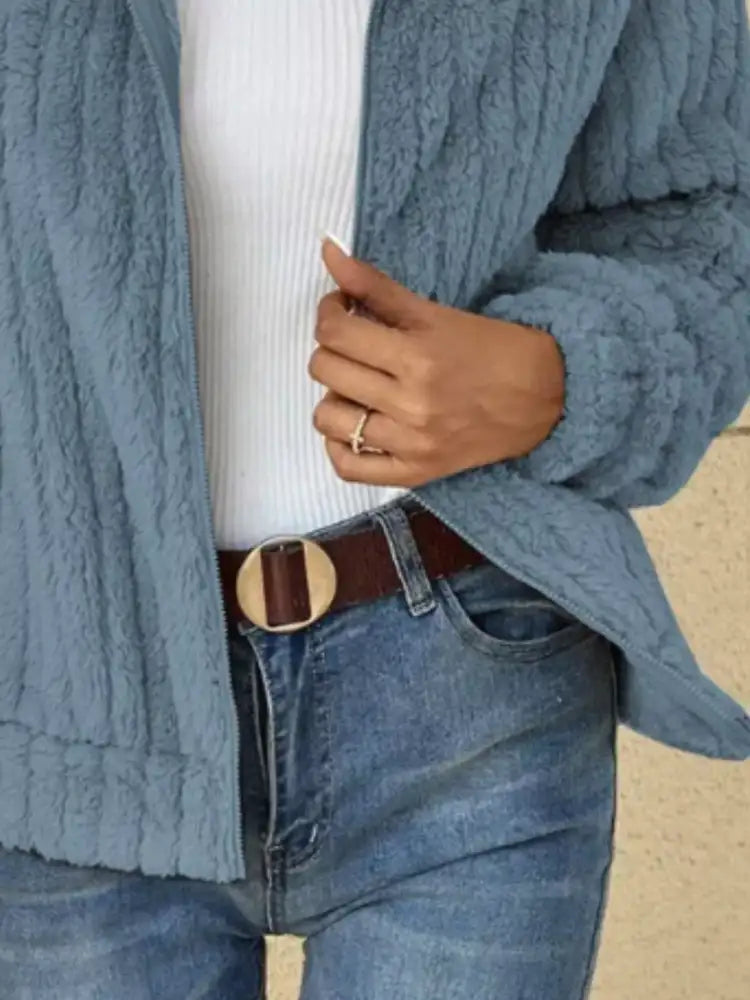 Full Size Zip-Up Long Sleeve Texture Jacket Plus Size