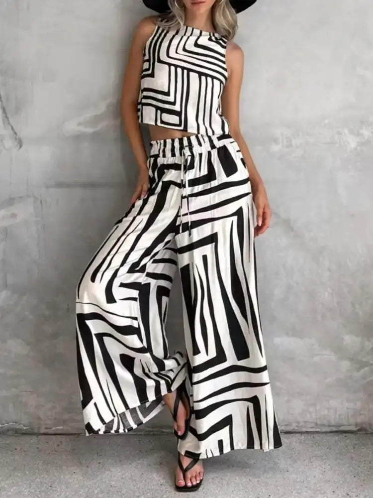 Geometric Print Sleeveless Top and Wide Leg Pants Set