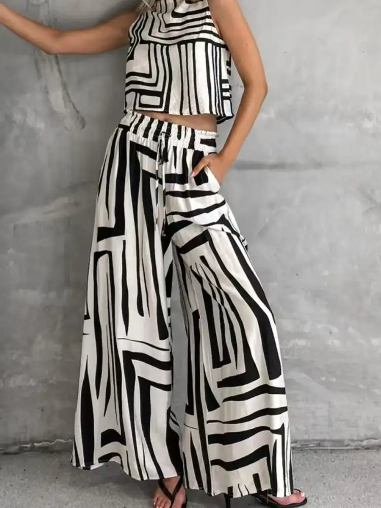 Geometric Print Sleeveless Top and Wide Leg Pants Set