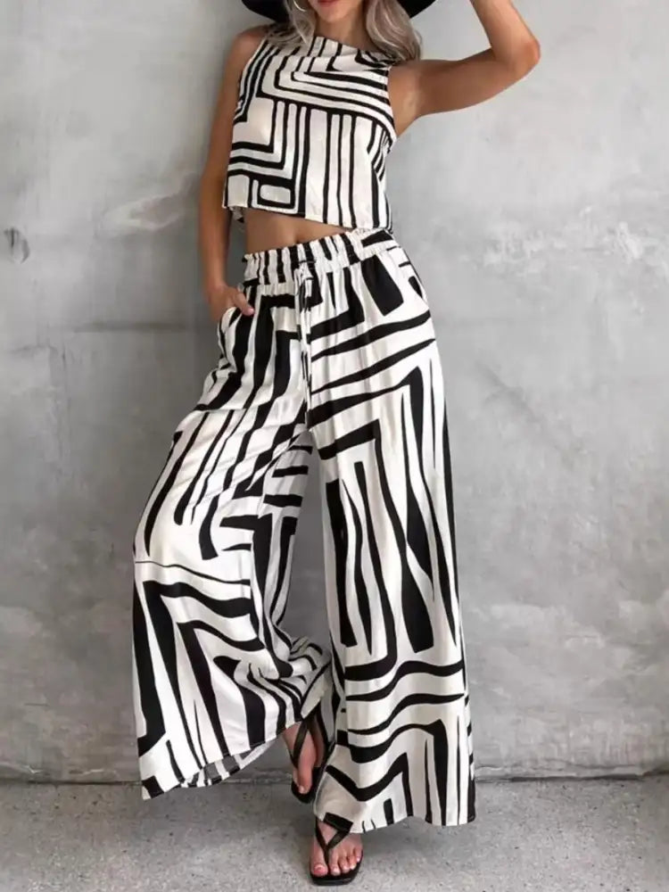 Geometric Print Sleeveless Top and Wide Leg Pants Set