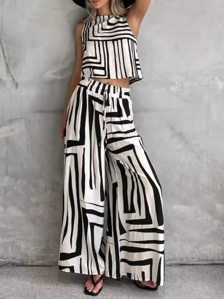 Geometric Print Sleeveless Top and Wide Leg Pants Set