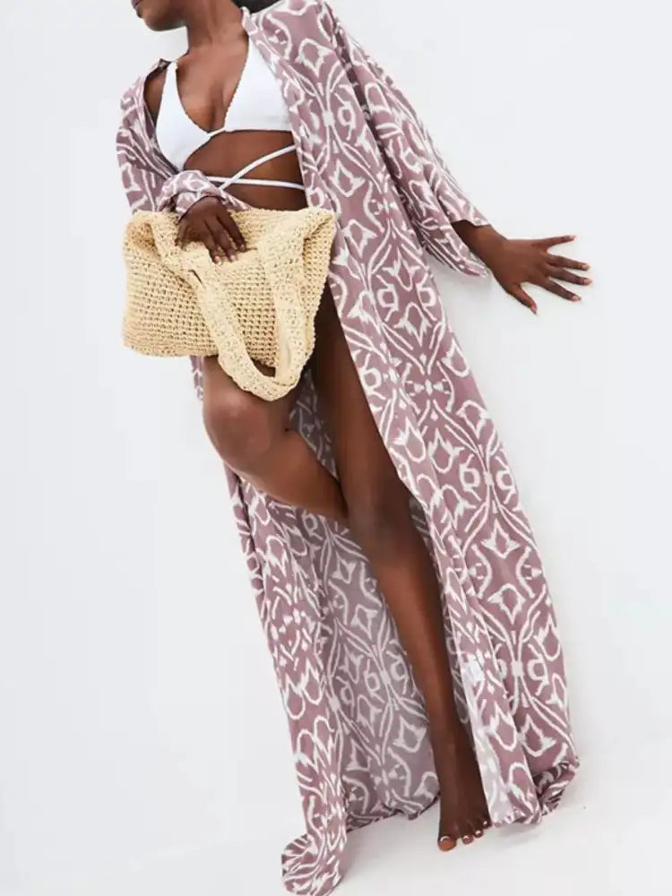 Geometric Print Surplice Beach Cover Up Dress