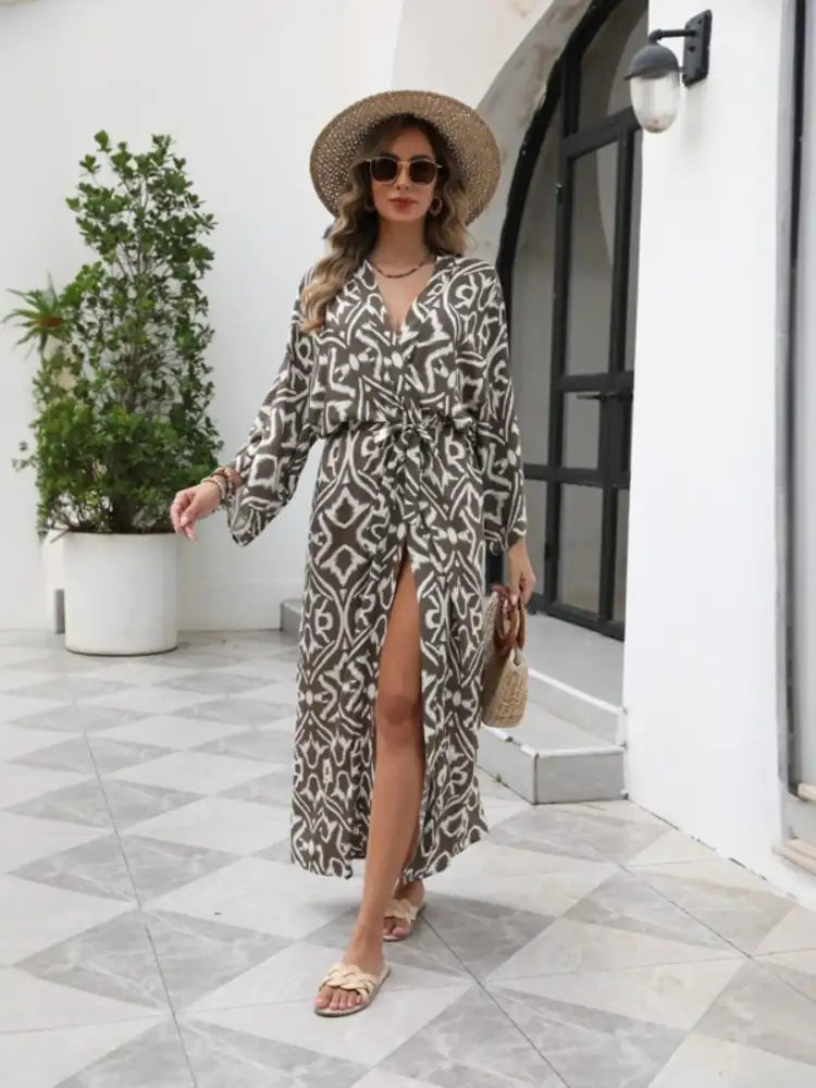 Geometric Print Surplice Beach Cover Up Dress