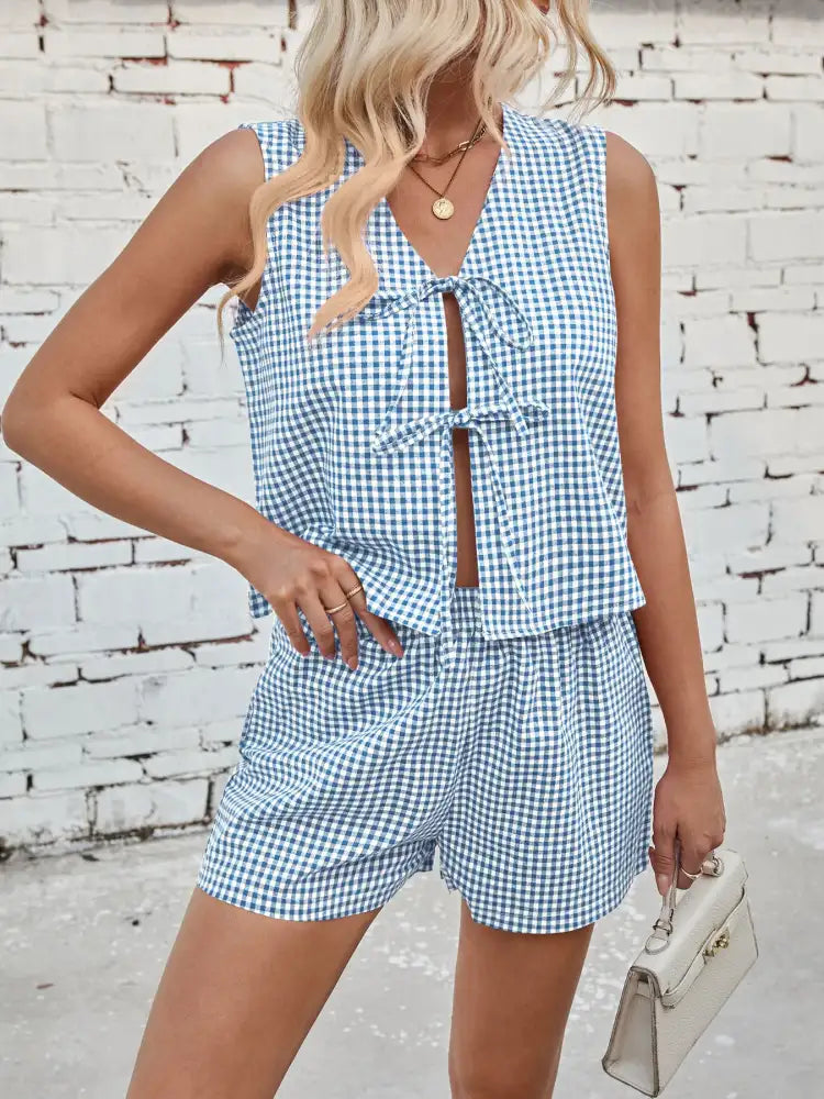 Gingham Print Tie Front Top and Shorts Set